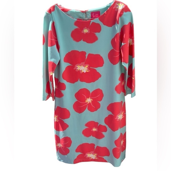 Britt tropical floral 3/4 sleeve nylon and spandex mini dress Made in the USA - Picture 1 of 10